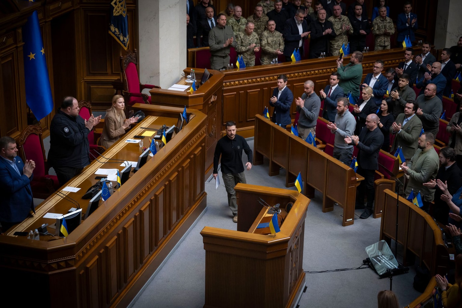President Volodymyr Zelensky arrives to speak to parliamentarians at the Verkhovna Rada in Kyiv, Ukraine, on Oct. 16, 2024. 