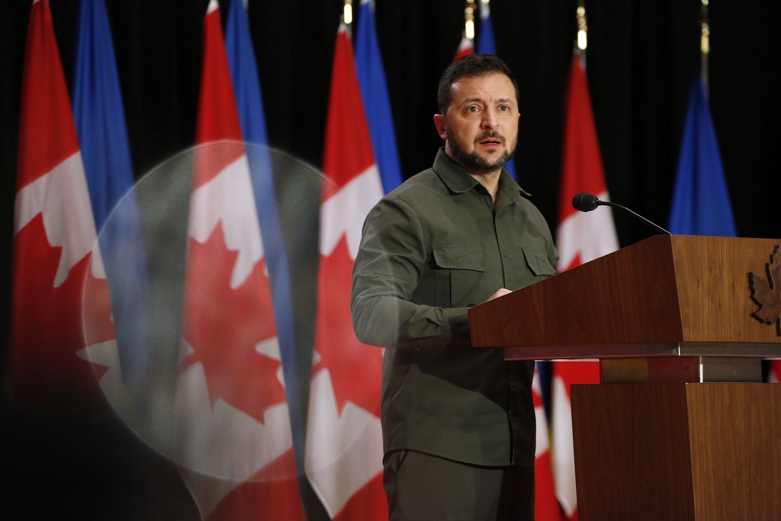 President Volodymyr Zelensky speaks on Parliament Hill in Ottawa, Canada, on Sept. 22, 2023. 
