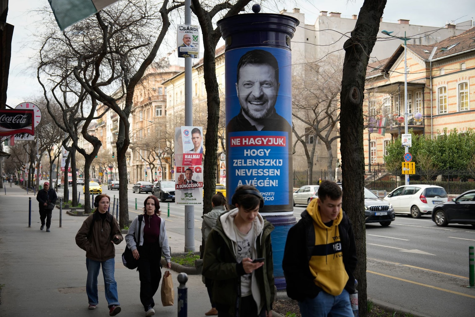 A Hungarian election poster depicting President Volodymyr Zelensky in Budapest, Hungary, on March 19, 2026. 