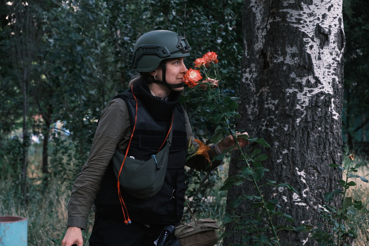 The Kyiv Independent videographer Olena Zashko in Donetsk Oblast, June 29, 2025. (Francis Farrell / The Kyiv Independent)