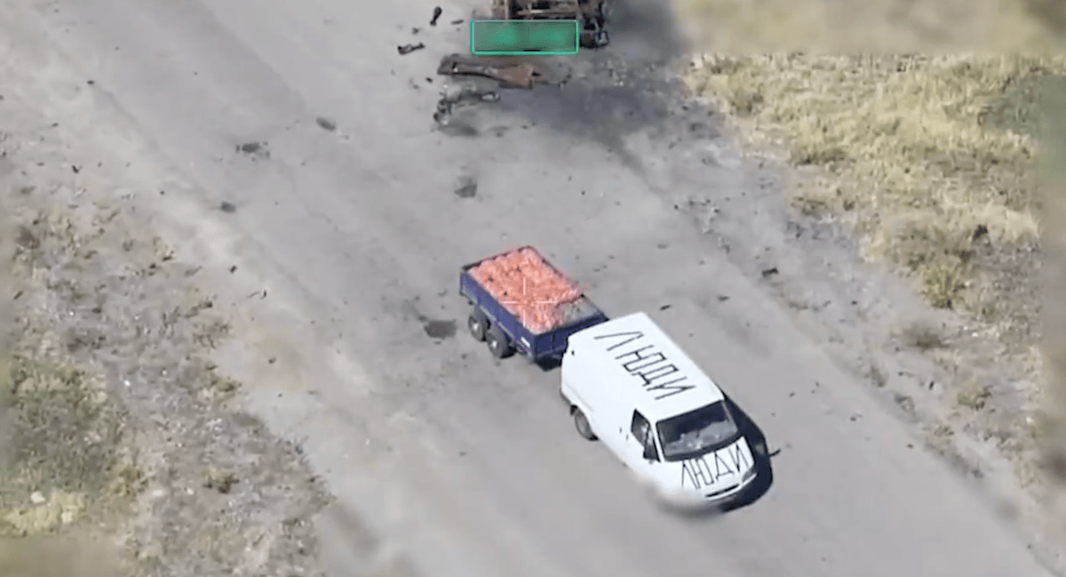 Screenshot from a video showing a supply van attacked by drones, in Russian-occupied Kherson Oblast, Ukraine.