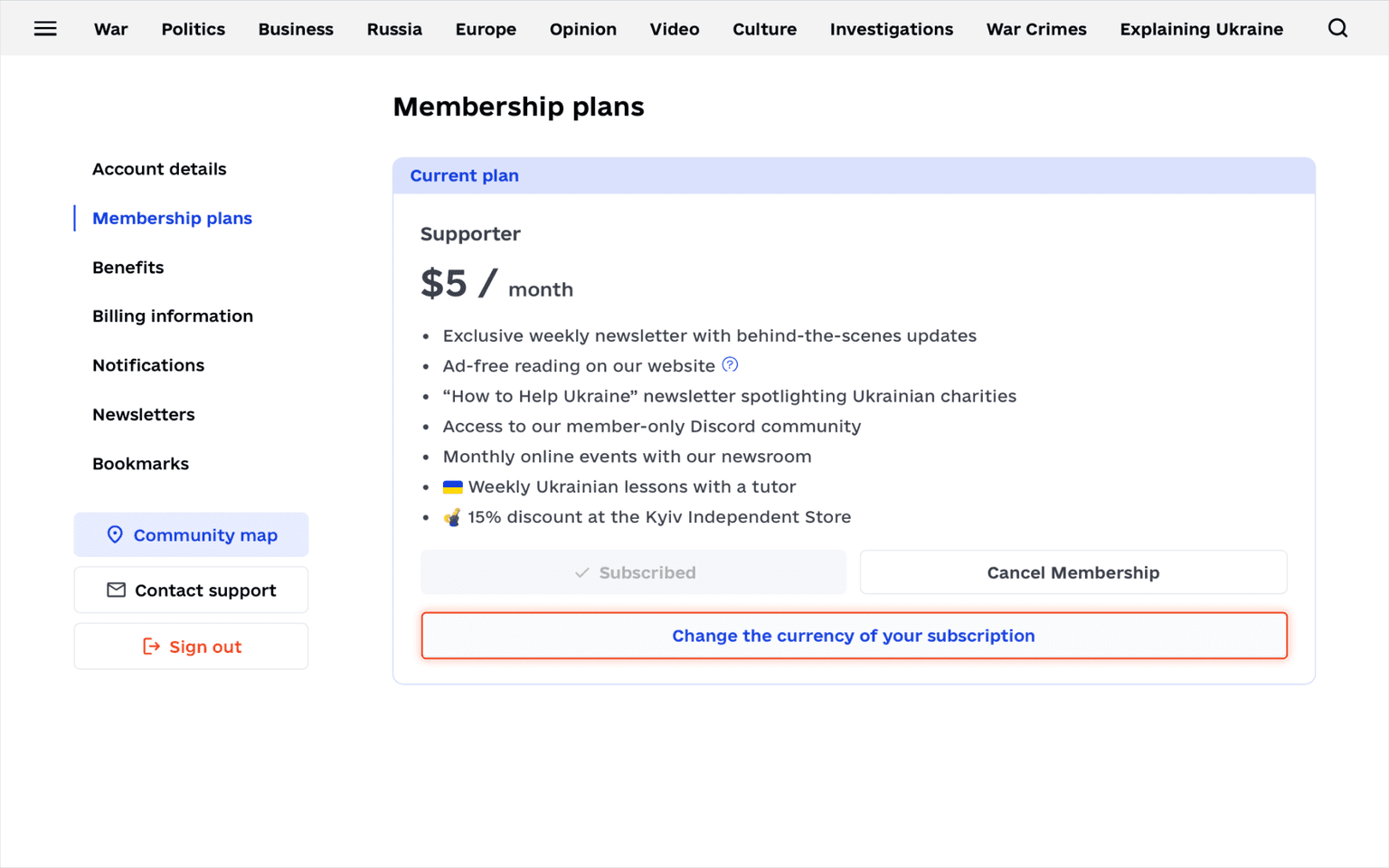 Membership plans page with the 'Change the currency of your subscription' button highlighted