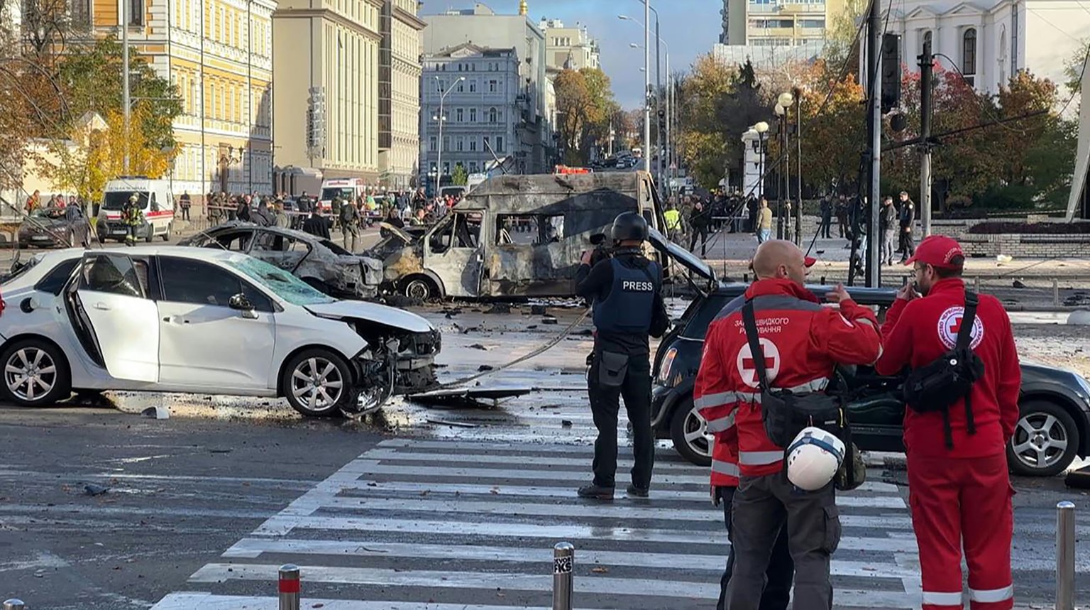Ukraine racked by intense bombardment of cities, energy infrastructure and central Kyiv among targets