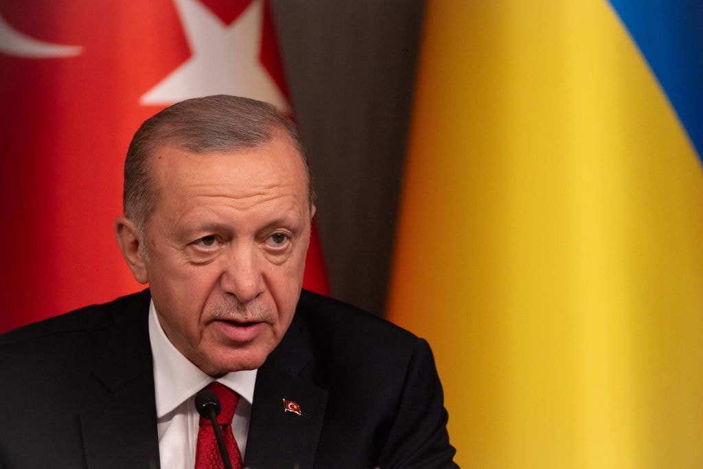 Turkish President Recep Tayyip Erdogan speaks to the media during a joint press conference with President Volodymyr Zelensky.