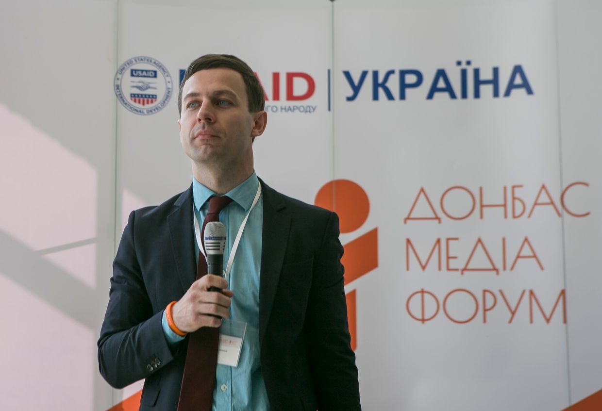 Journalist Oleksiy Matsuka at the Donbas Media Forum in Kyiv, Ukraine