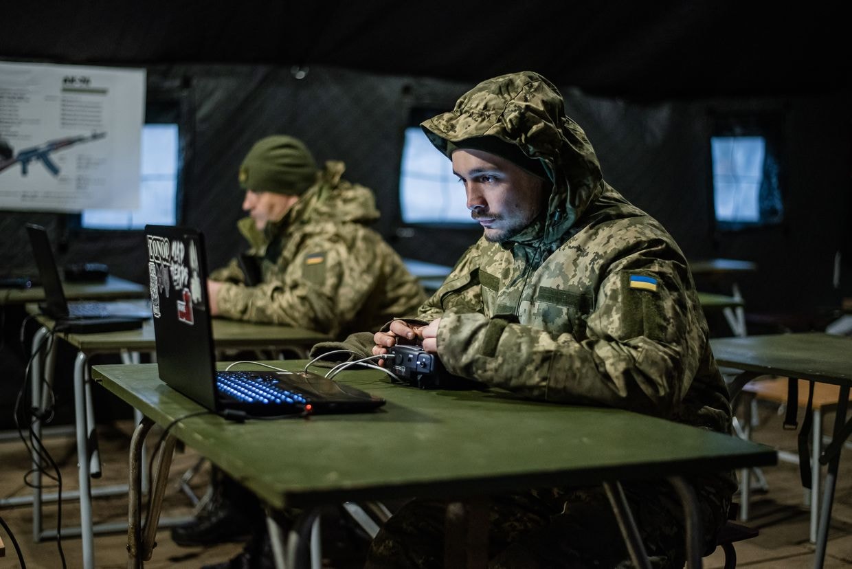 A recruit of the 1st Separate Mechanized Battalion ‘Da Vinci Wolves’ named after Dmytro Kotsiubailo during a training