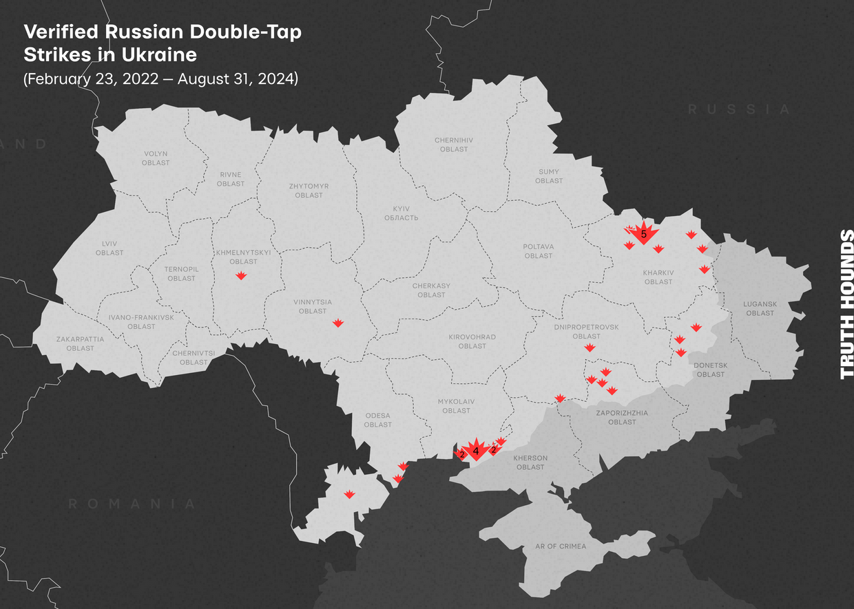 A map with the verified Russian double-tap strikes in Ukraine from
February 24, 2022 — August 31, 2024.