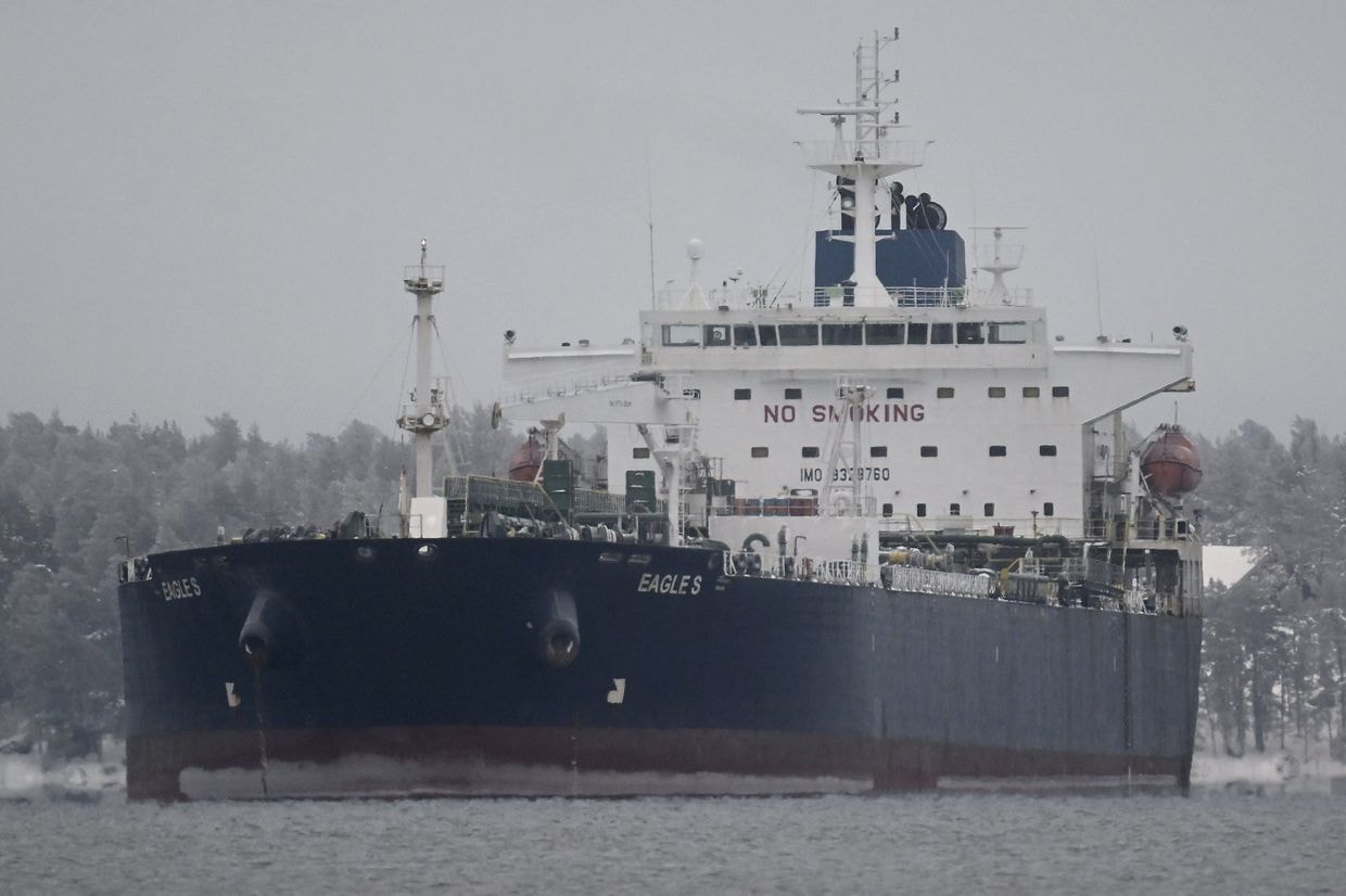 The oil tanker Eagle S is seen anchored near the Kilpilahti port in Porvoo, on the Gulf of Finland, on Jan. 13, 2025.