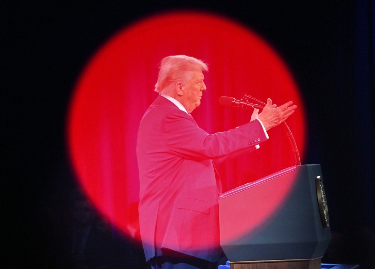 US President Donald Trump speaks at CPAC in Oxon Hill, Maryland, on Feb. 22, 2025.