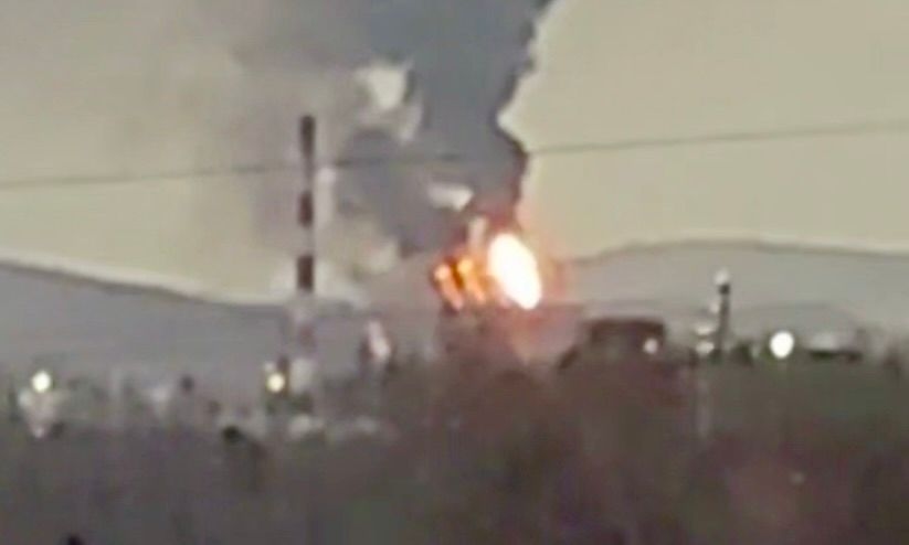 A fire at the Komsomolsk refinery in Khabarovsk Krai, Russia, on April 10, 2025.