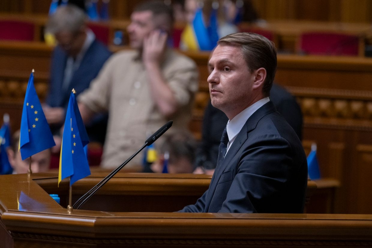 Ukrainian politician and prosecutor Ruslan Kravchenko speaks during a plenary session of the Verkhovna Rada in Kyiv, Ukraine, on June 17, 2025.