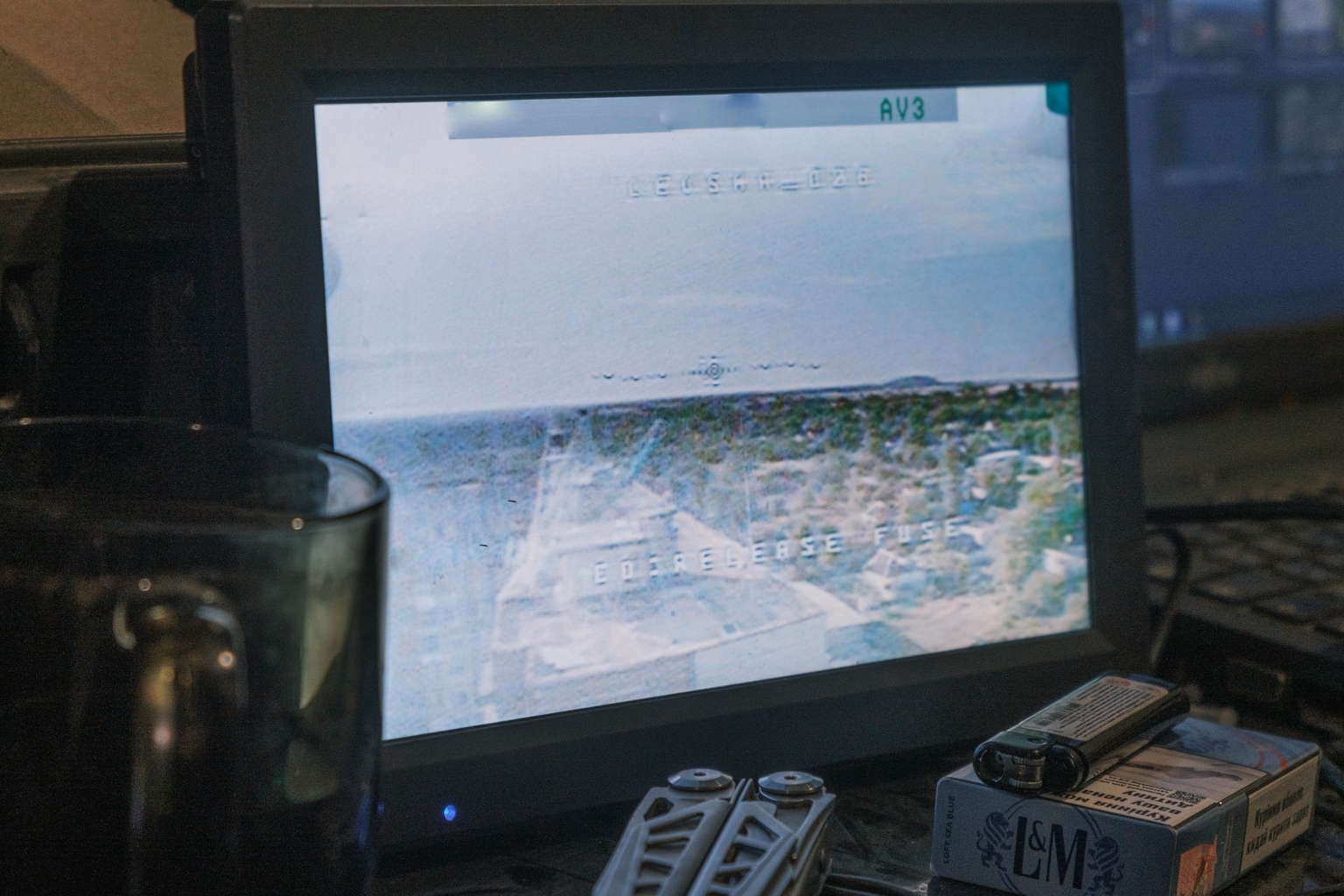 Russian radio antennas in occupied Selydove, Donetsk Oblast, seen on a Ukrainian drone team's monitor on June 28, 2025.