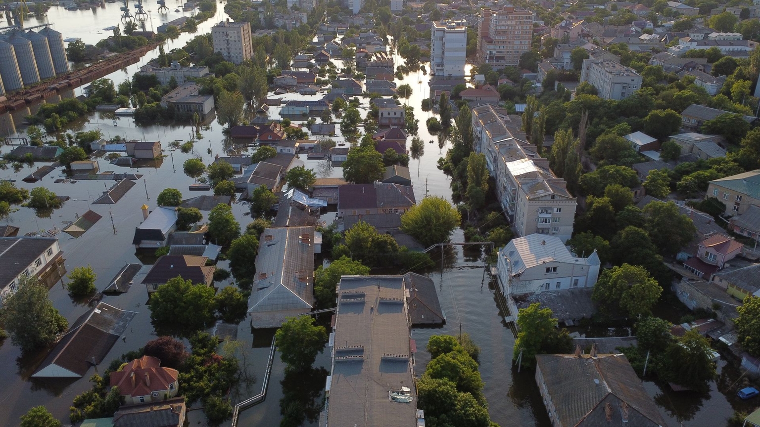 An aerial view shows residential districts in a flooded area of Kherson, Ukraine, on June 8, 2023, after Russian forces blew up the Kakhovka Dam.