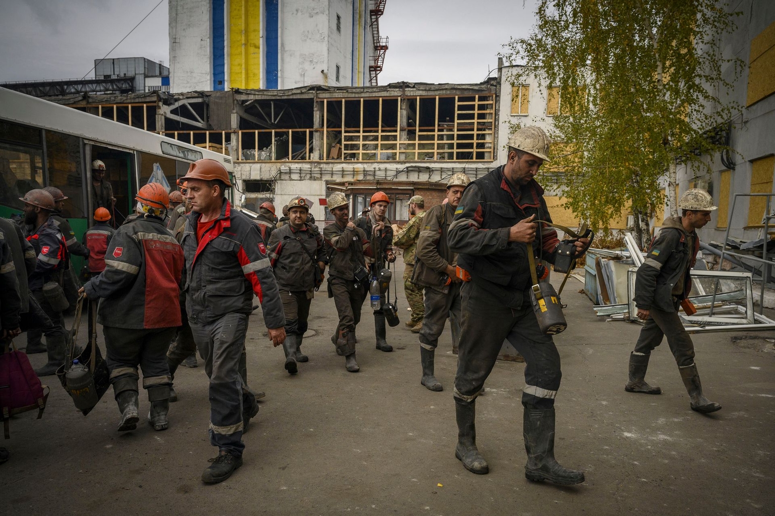 Miners depart after their shift at the Metinvest BV Pokrovs’ke coal mine near Pokrovsk, Donetsk Oblast, Ukraine, on Oct. 25, 2024.