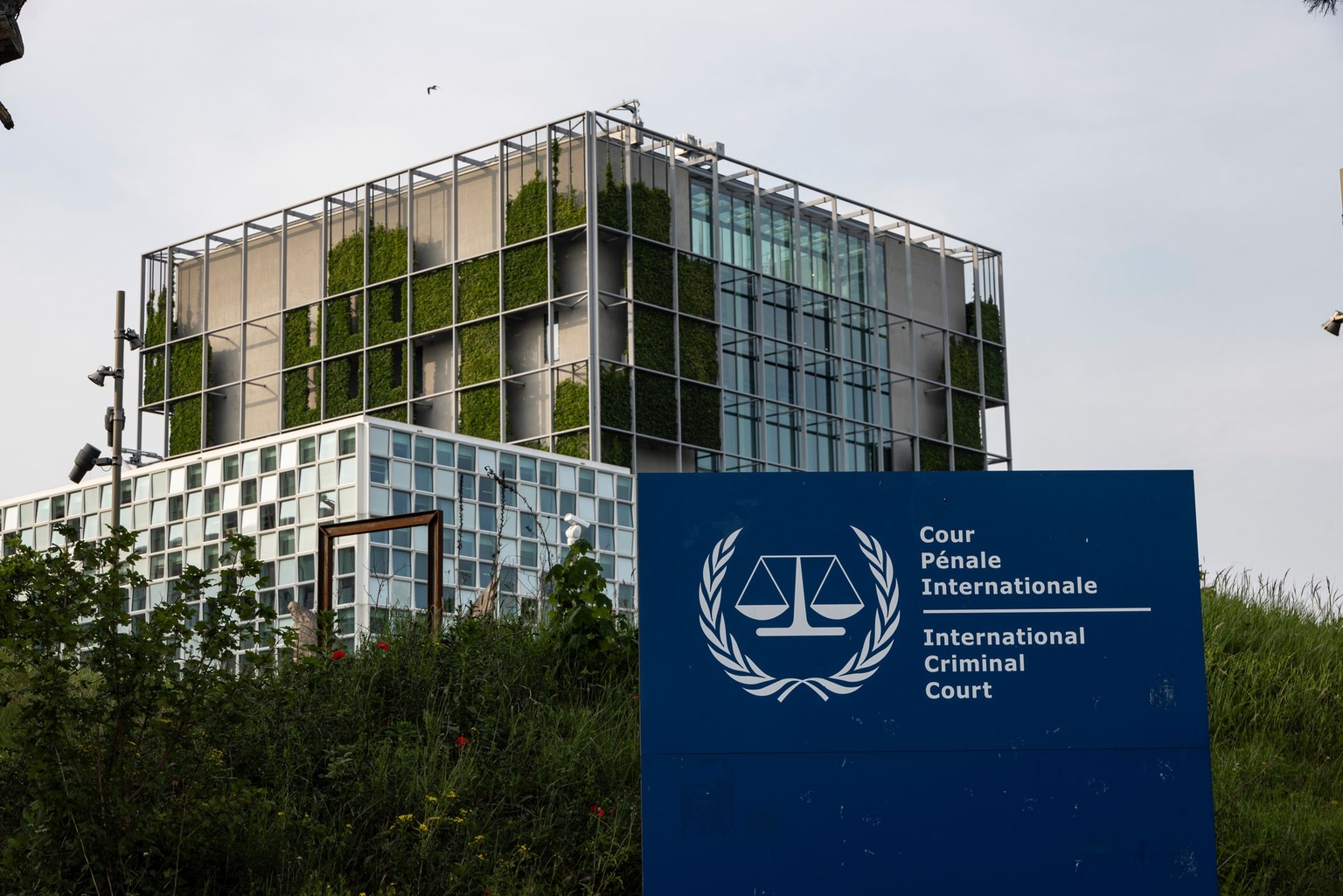 A general view shows the official logo and inscription of the International Criminal Court (ICC) in The Hague, Netherlands, in July 2025.