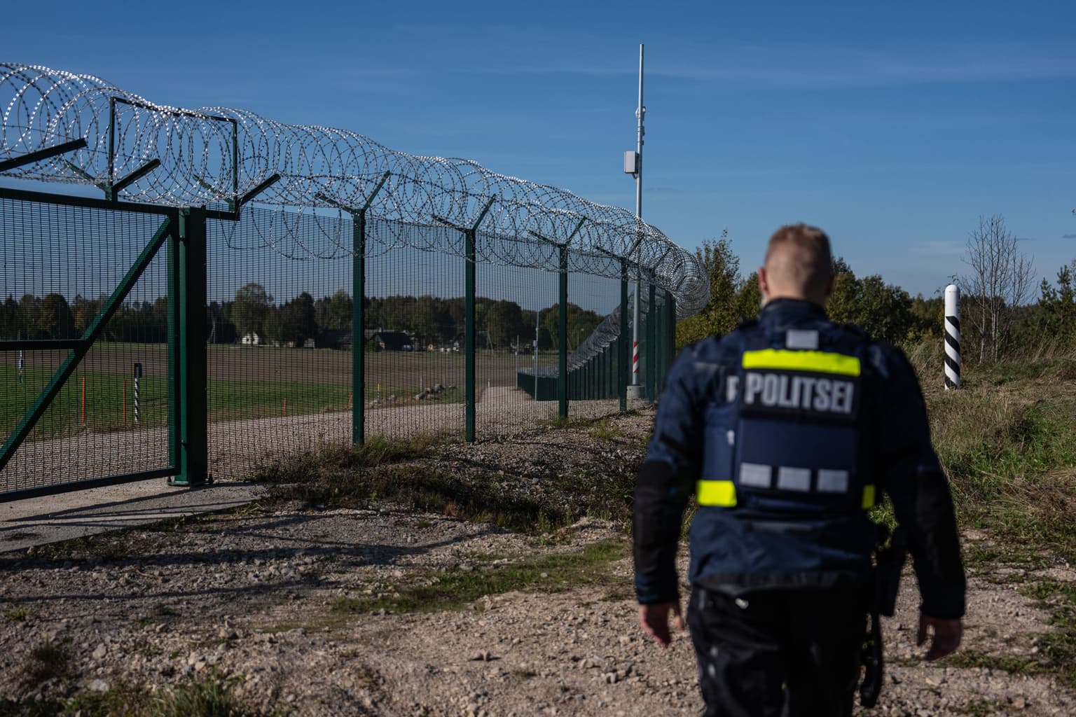 A security fence marking the Estonian-Russian border in Vinski, Estonia, on Oct. 1, 2025.