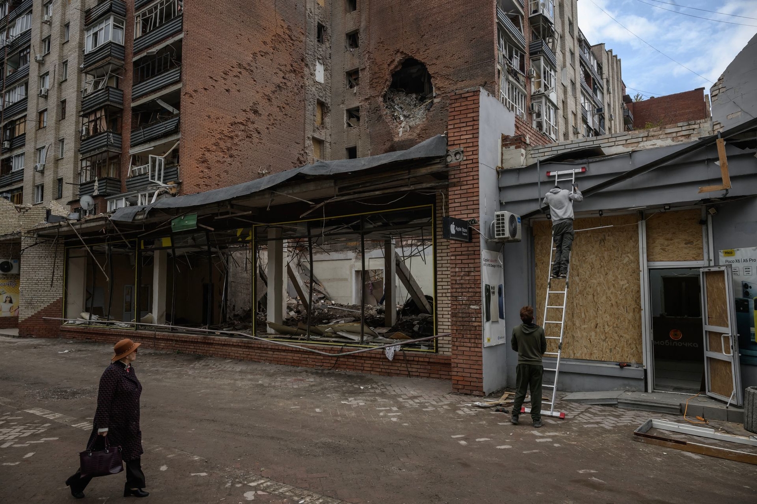 A building damaged during a Russian glide bomb attack two days earlier is seen in Sloviansk, Donetsk Oblast, Ukraine, on Oct. 6, 2025.