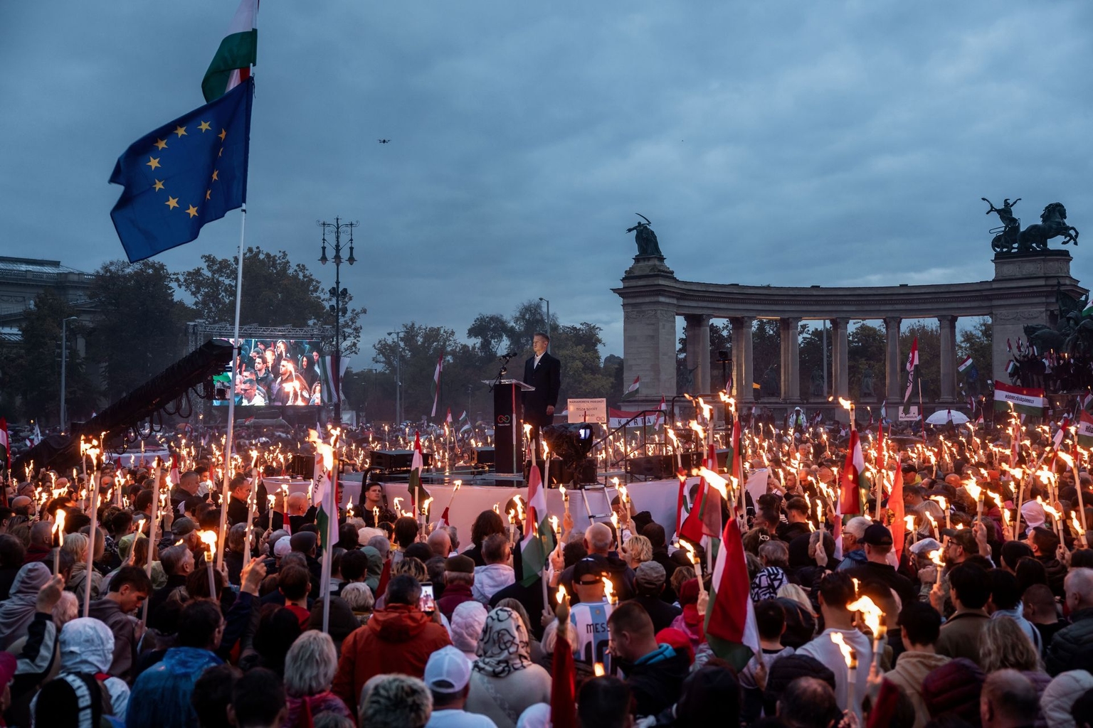 Peter Magyar, leader of the TISZA party, delivers a speech during the National March in Budapest, Hungary, on Oct. 23, 2025.