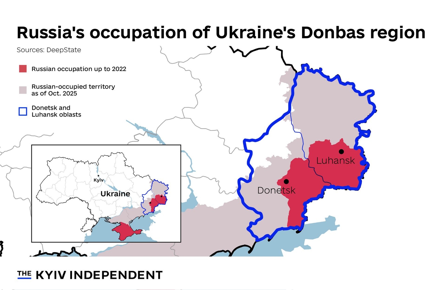 A map showing Russia's occupation of Donbas up to 2022 and as of Oct. 2025, showing Ukraine's Donetsk and Luhansk oblasts and cities of Donetsk and Luhansk.