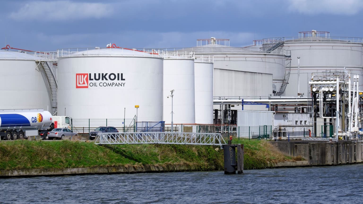 The Lukoil depot operated by the Russian multinational energy corporation, is seen in Brussels, Belgium, on April 7, 2022.