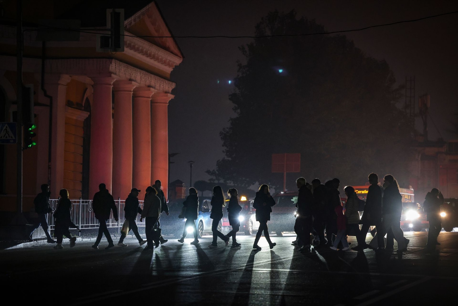A view of a darkened street amid ongoing emergency power outages following intensified Russian missile strikes on Ukraine’s energy infrastructure in Kyiv, Ukraine, on Nov. 5, 2025.
