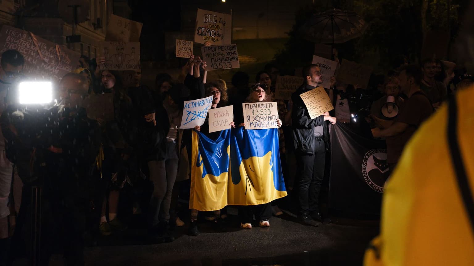 protest against the law that strips Ukraine’s anti-corruption agencies of independence in Kyiv, Ukraine, on July 30, 2025