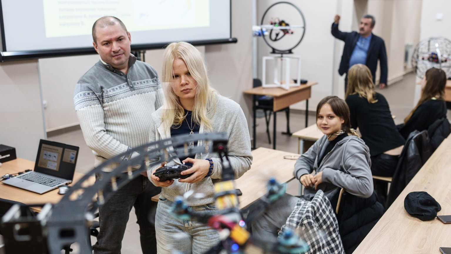 Students of the Kharkiv Aviation Institute attend an FPV-drone class in Kharkiv, Ukraine, on Oct. 27, 2025