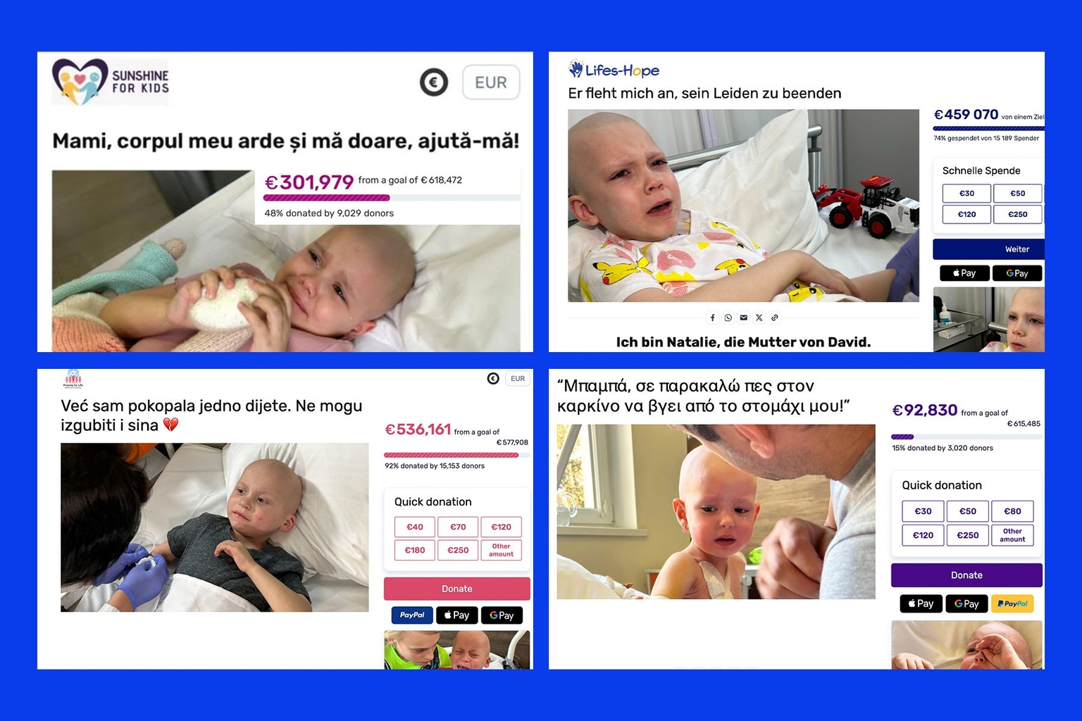 A collage of various fundraising campaign pages in different languages featuring Ukrainian children in screenshots.