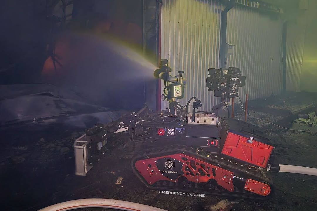 The Colossus firefighting robot is seen extinguishing flames at an undisclosed location in Ukraine in an undated photo.