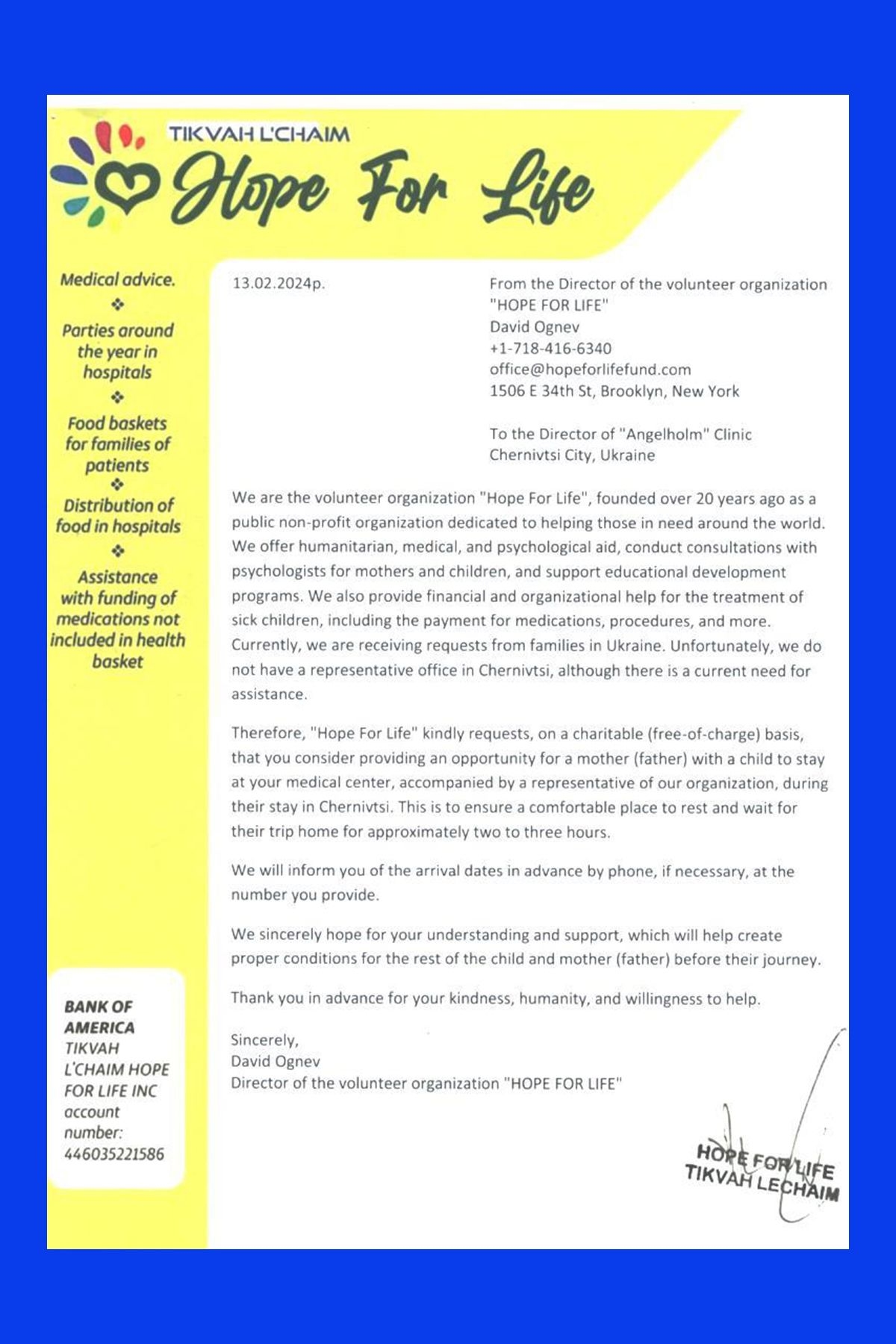 A request received by Angelholm Medical Center from the Hope for Life organization is shown in a document dated Feb. 13, 2024.