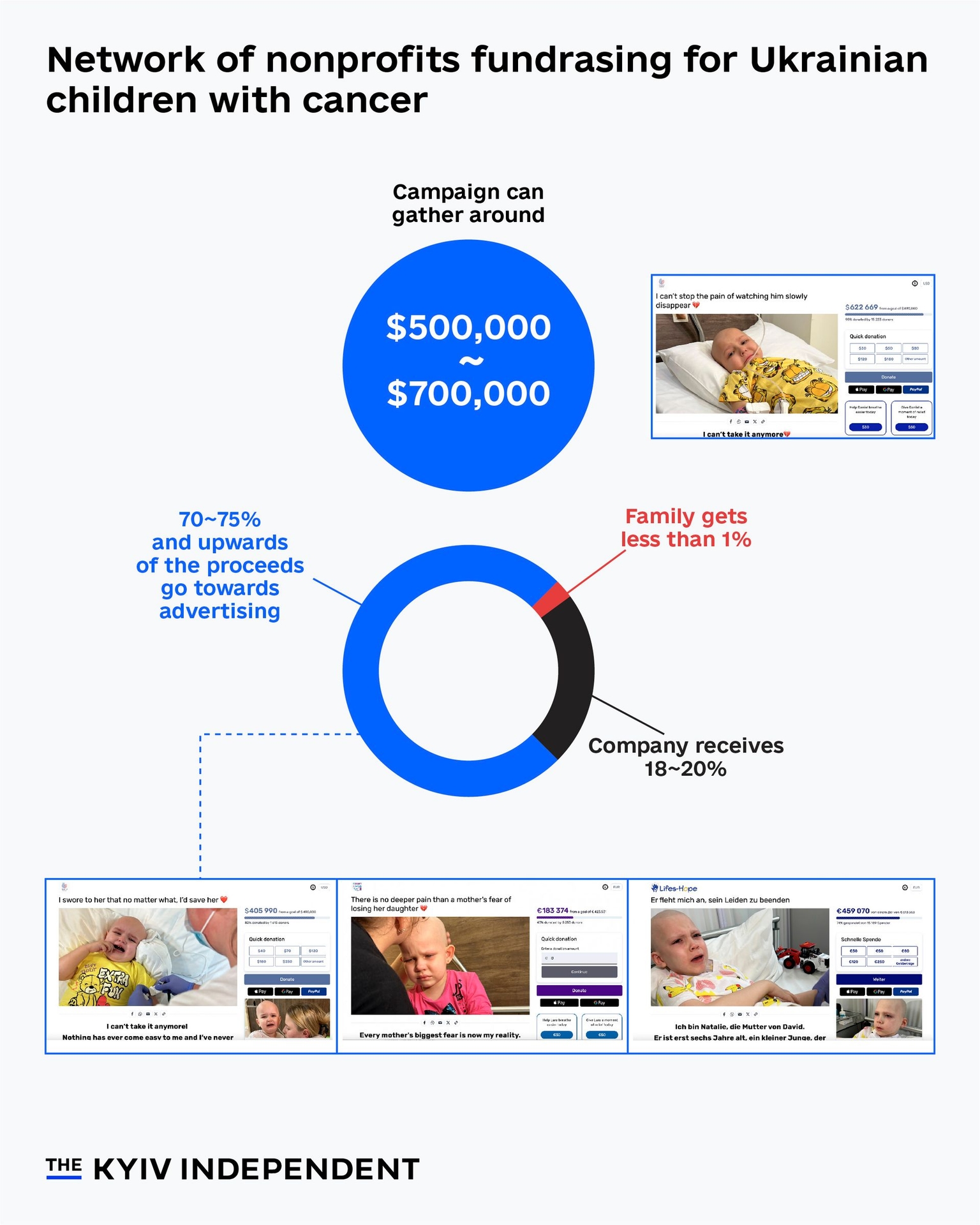 An approximate breakdown shows how funds raised by a network of nonprofits were allegedly spent instead of reaching Ukrainian children.
