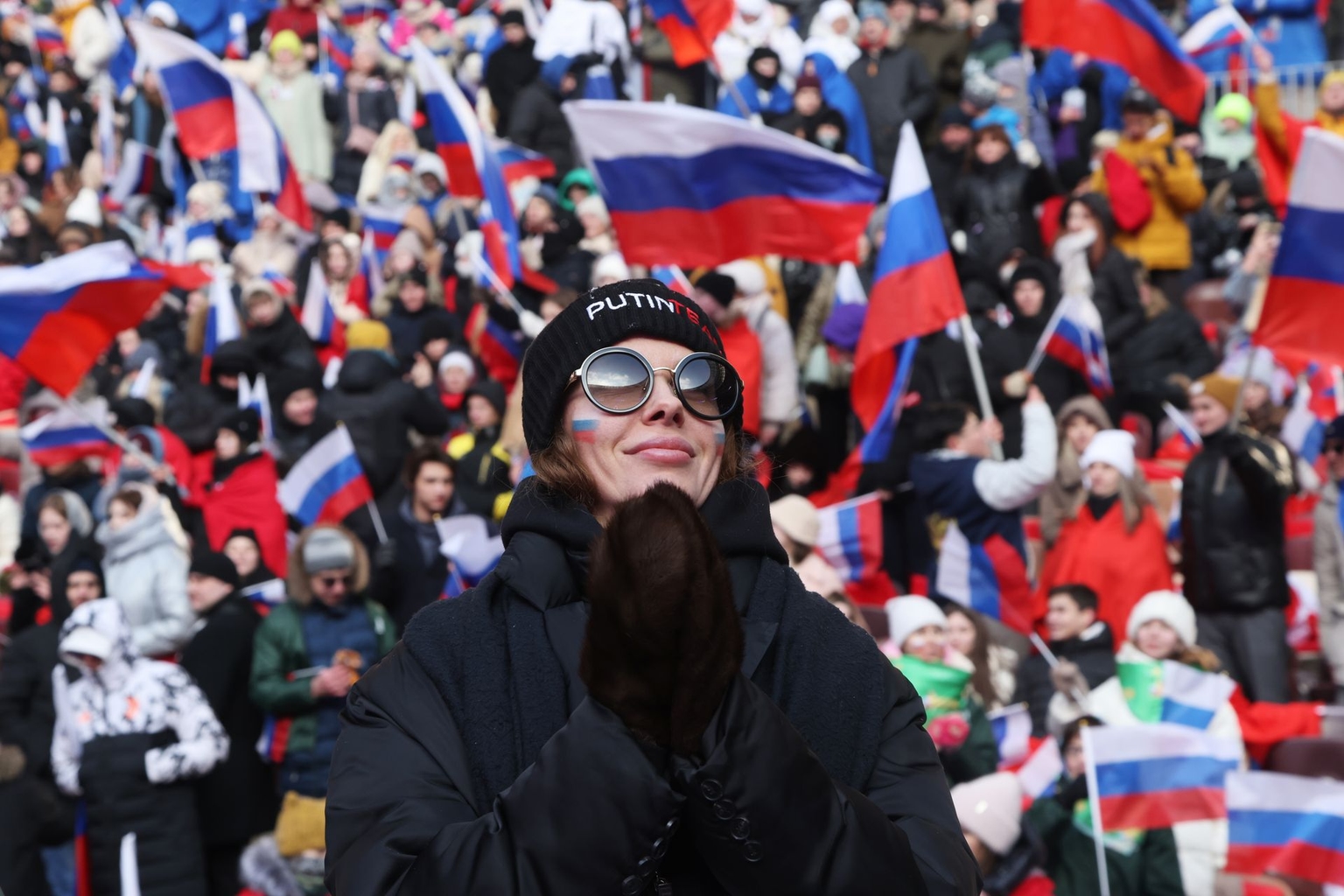 People attend a concert at Luzhniki Stadium in Moscow, Russia, on Feb. 22, 2023, marking the first anniversary of Russia’s full-scale invasion of Ukraine.