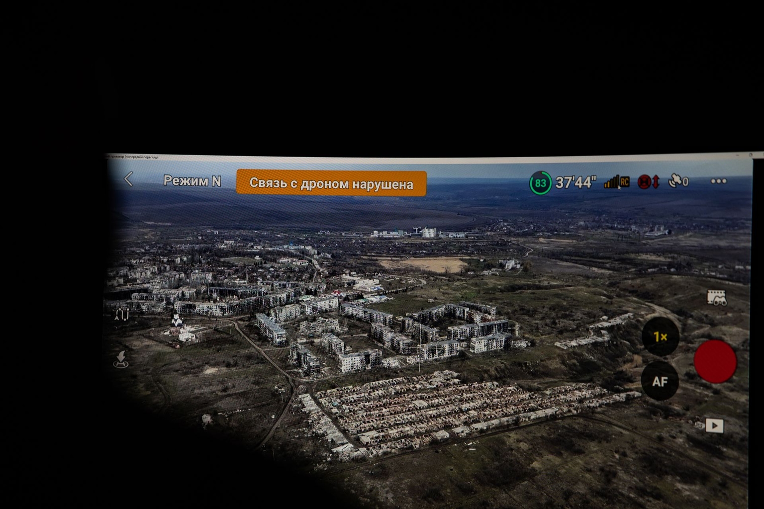 A monitor displays the ruins of a populated area as UAV operators conduct surveillance in the Siversk direction in Donetsk Oblast, Ukraine, on Feb. 3, 2025.