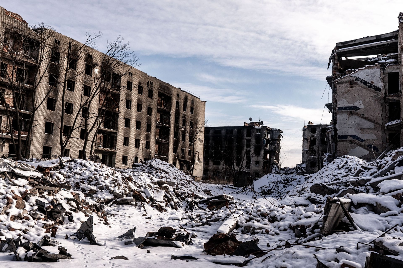 A residential complex stands amid a harsh winter landscape in Siversk, Donetsk Oblast, Ukraine, on Feb. 20, 2025.
