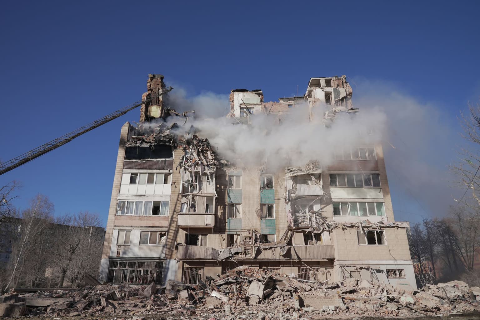 A residential building destroyed after a Russian missile and drone strike in Ternopil, Ukraine, on Nov. 19, 2025.