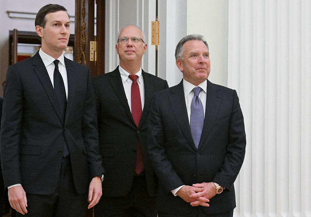 U.S. Special Envoy Steve Witkoff (R) and U.S. President Donald Trump’s son-in-law Jared Kushner (L), accompanied by Kremlin economic envoy Kirill Dmitriev (C), in Moscow, Russia on Dec. 2, 2025.