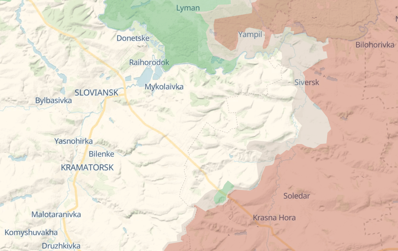 A screenshot of the Deep State Map showing the front line in northern Donetsk Oblast as of Dec. 15, 2025.