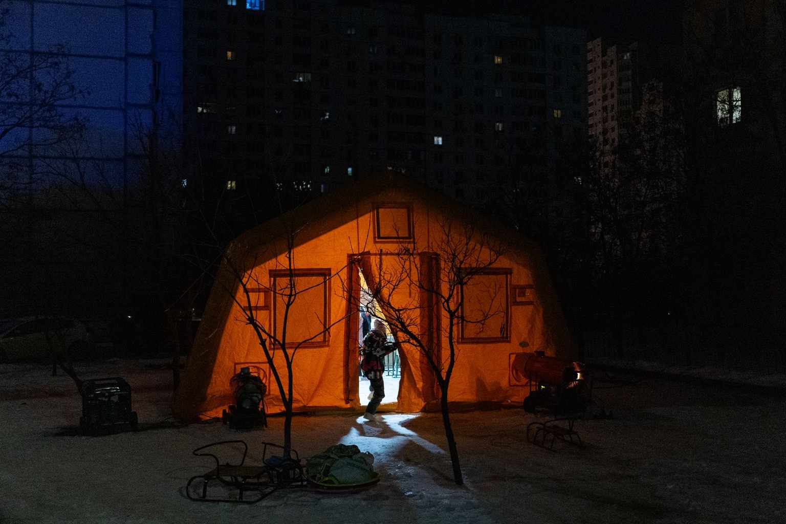 Heating tents set up by the State Emergency Service in Kyiv, Ukraine, on Jan. 10, 2026.
