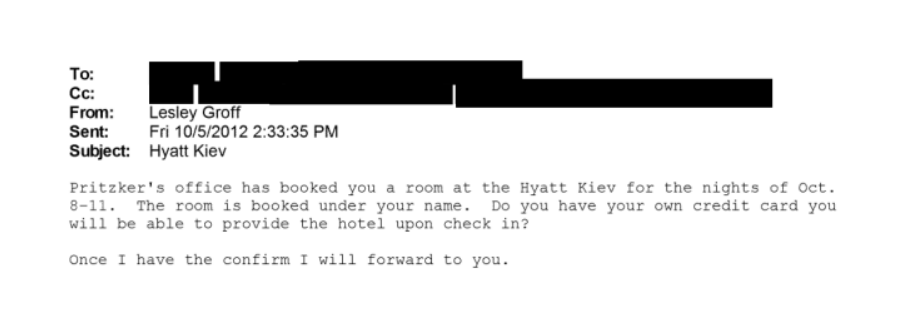 An email mentions a stay at the five-star Hyatt hotel in Kyiv, Ukraine.