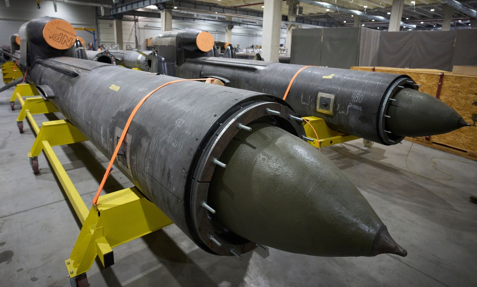 Parts of Flamingo missiles are seen at Fire Point’s secret factory in Ukraine, on Aug. 14, 2025.