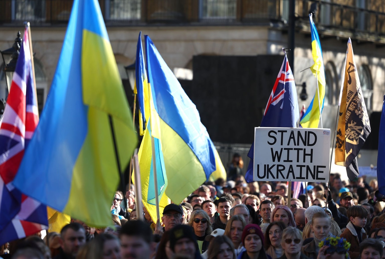Demonstrators attend a rally in support of Ukraine opposite Downing Street in London, England, on March 2, 2025.