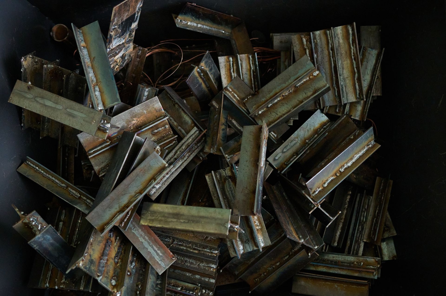Welded metal parts left over from students' welding practice at the KSE ProfTech facility in Kyiv, Ukraine, on Feb. 25, 2026.