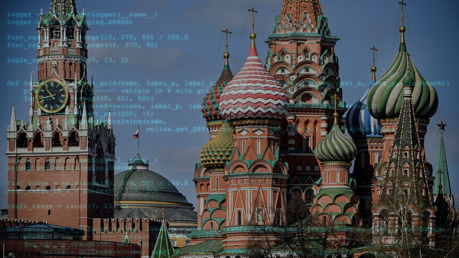 A view of the Kremlin’s Spasskaya Tower and St. Basil’s Cathedral in central Moscow, Russia, on April 24, 2024, with a code overlay.