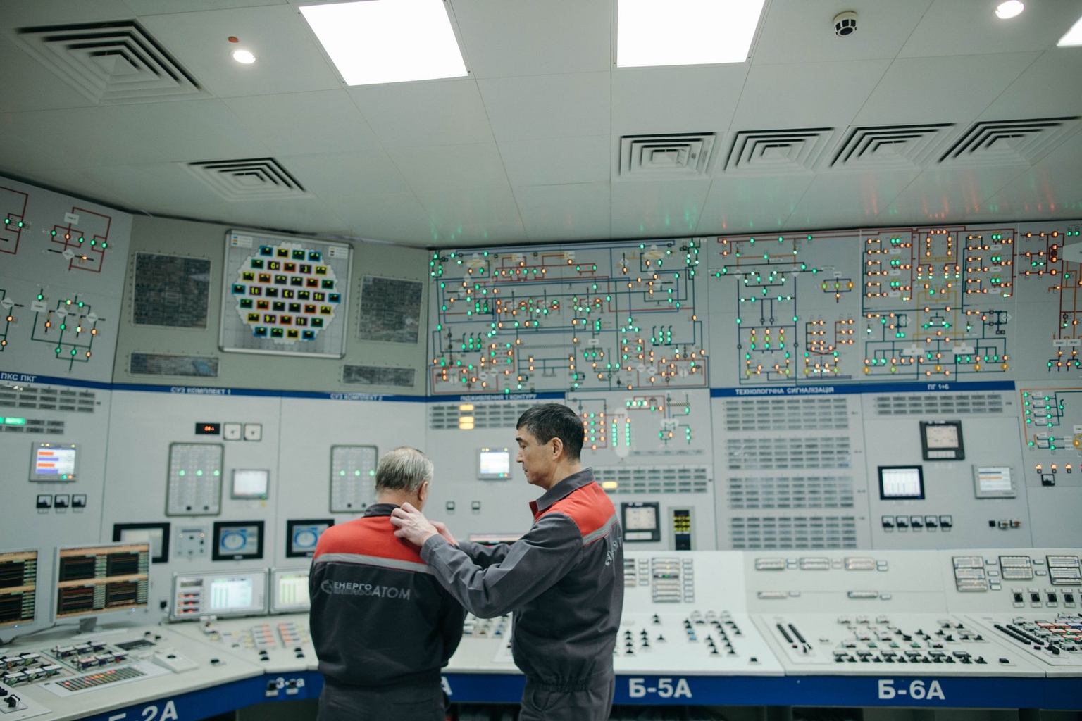 Energoatom workers at the Unit Control Panel of the Rivne Nuclear Power Plant in Rivne Oblast, Ukraine, on April 10, 2026.