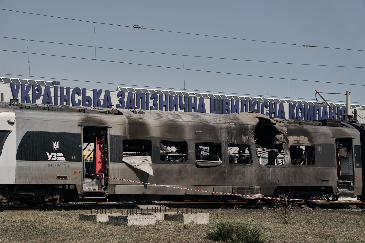 The Kyiv-Kramatorsk passenger train is pictured after being struck by a Russian Shahed-136 drone in Kyiv, Ukraine, on Aug. 28, 2025.