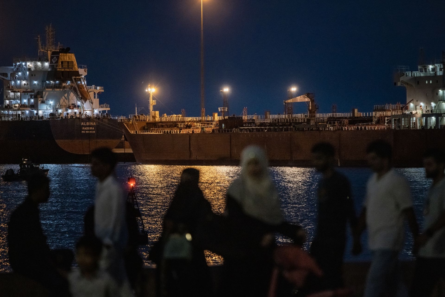 The Albina Bulk carrier sits anchored at Sultan Qaboos Port in Muscat, Oman, on March 22, 2026.