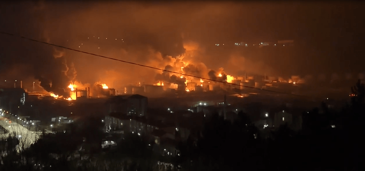 A screenshot from a purported video of the fire at the Tuapse Oil Refinery in Krasnodar Krai, Russia, overnight on April 20, 2026.