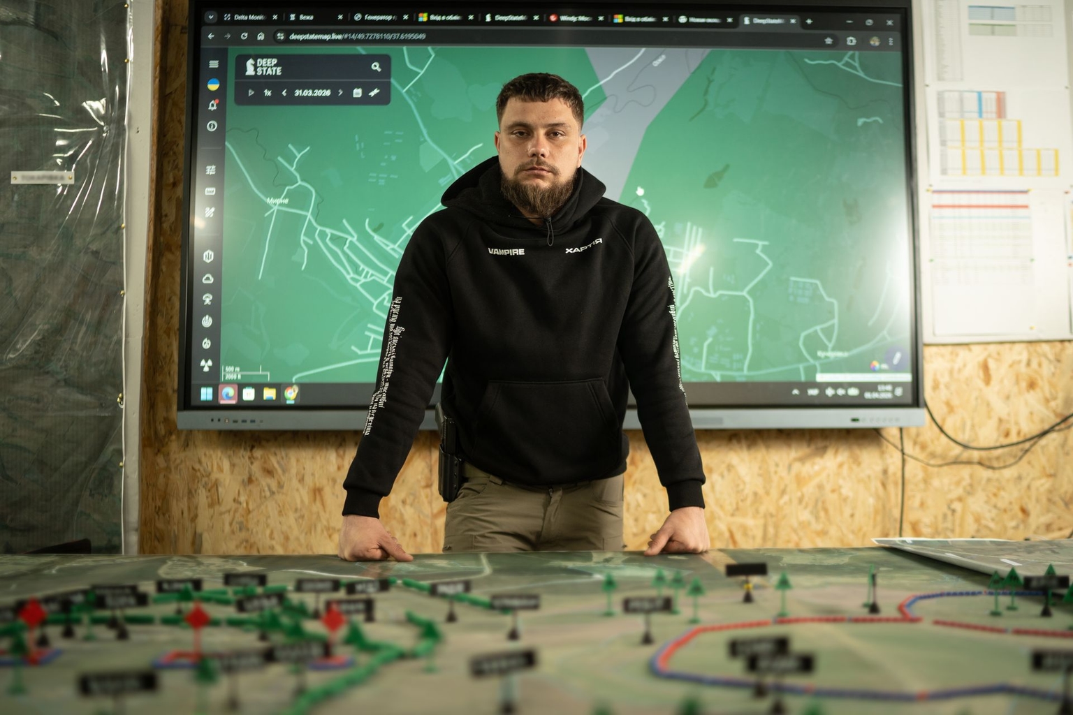 "Bat," deputy brigade commander of the Khartiia Brigade, at a command post near Kupiansk, Kharkiv Oblast, Ukraine, on April 1, 2026.