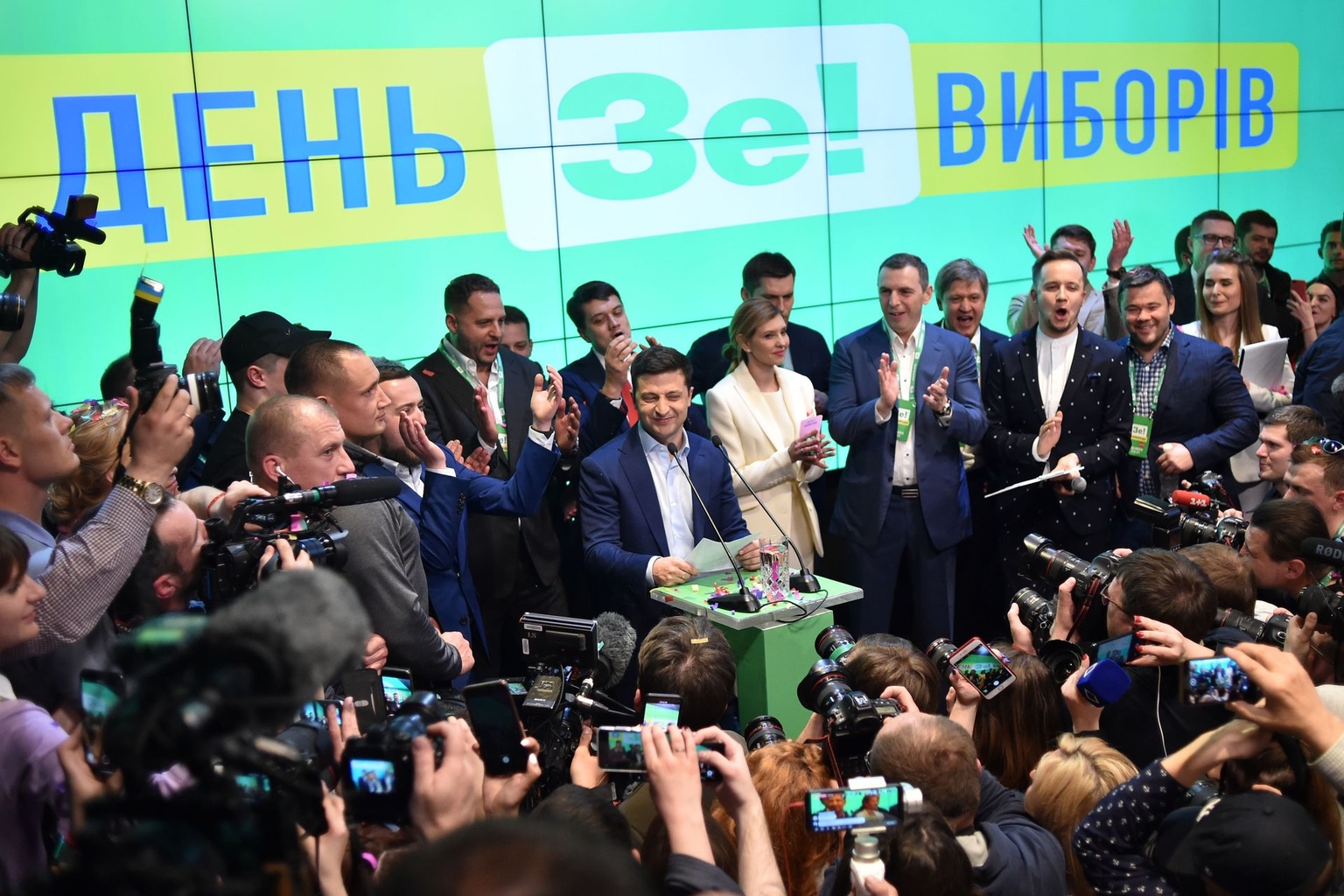 Ukrainian then-presidential candidate Volodymyr Zelensky gives a speech after the announcement of the first exit poll results in the second round of Ukraine's presidential election at his campaign headquarters in Kyiv, Ukraine, on April 21, 2019.