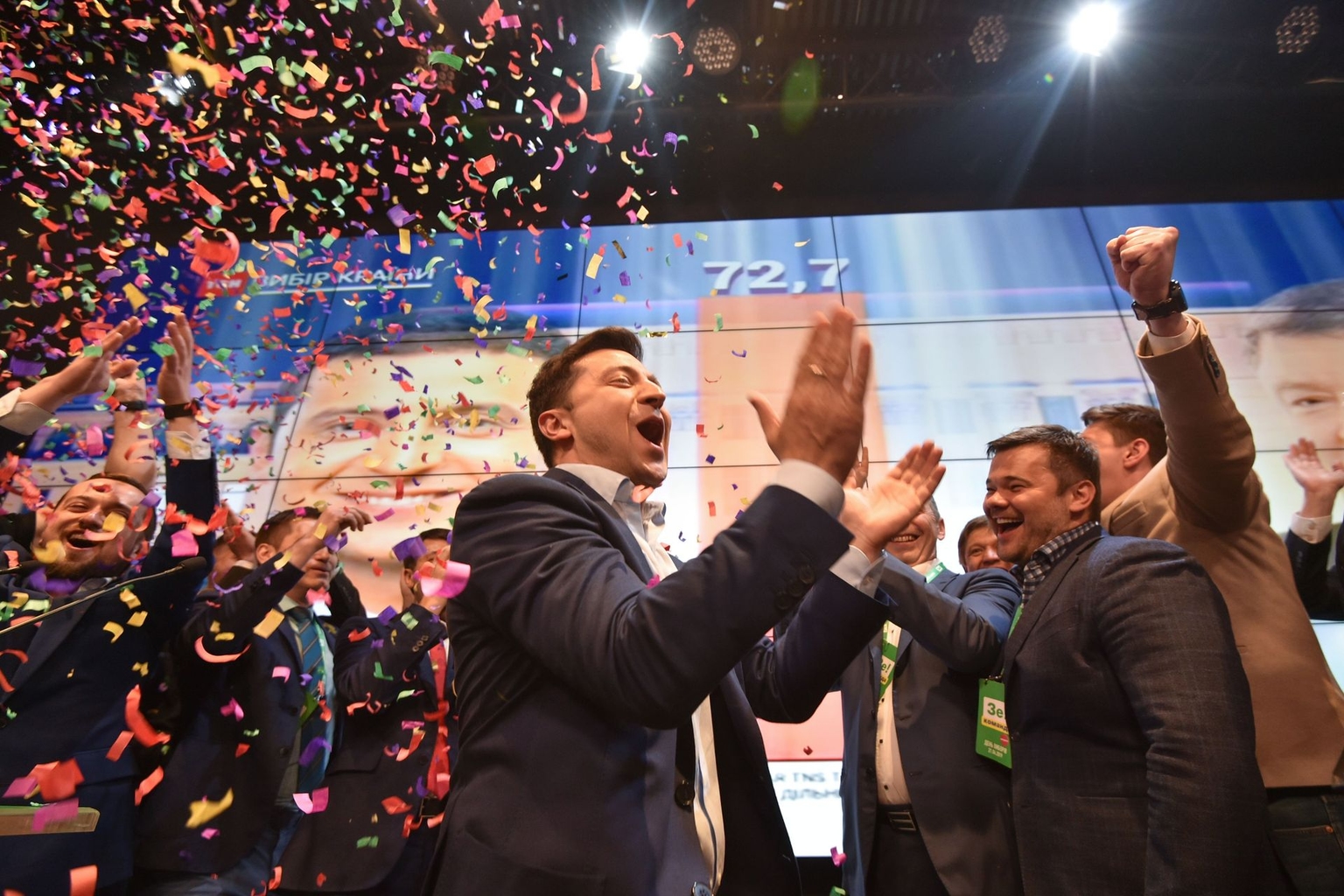Ukrainian then-presidential candidate Volodymyr Zelensky reacts after the announcement of the first exit poll results in the second round of Ukraine's presidential election at his campaign headquarters in Kyiv, Ukraine, on April 21, 2019.